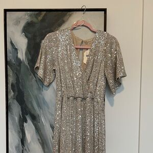 Altar’d state sparkle gold cinched waist wrap style maxi lined dress M